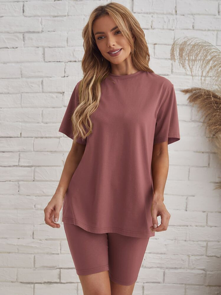 EMERY ROSE Solid Tee & Biker Shorts Set | SHEIN