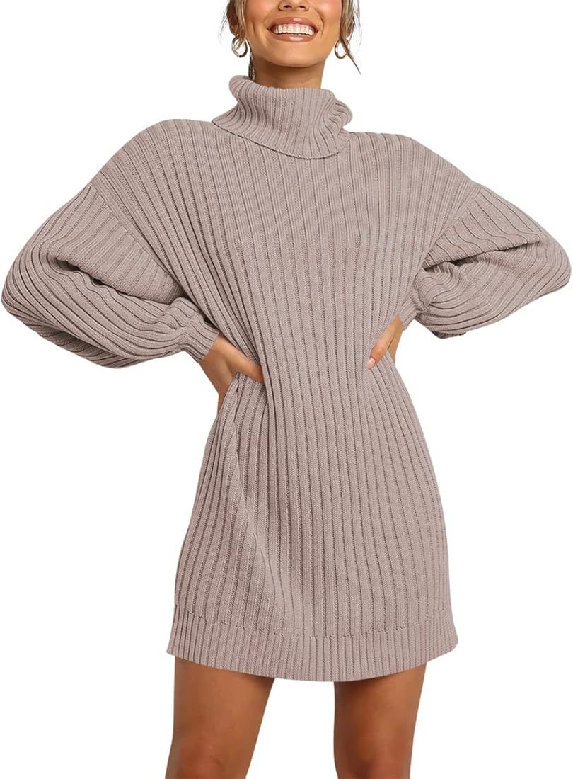 Prinbara Women Turtleneck Long Lantern Sleeve Casual Loose Oversized Sweater Dress Soft Winter Pullo | Amazon (US)