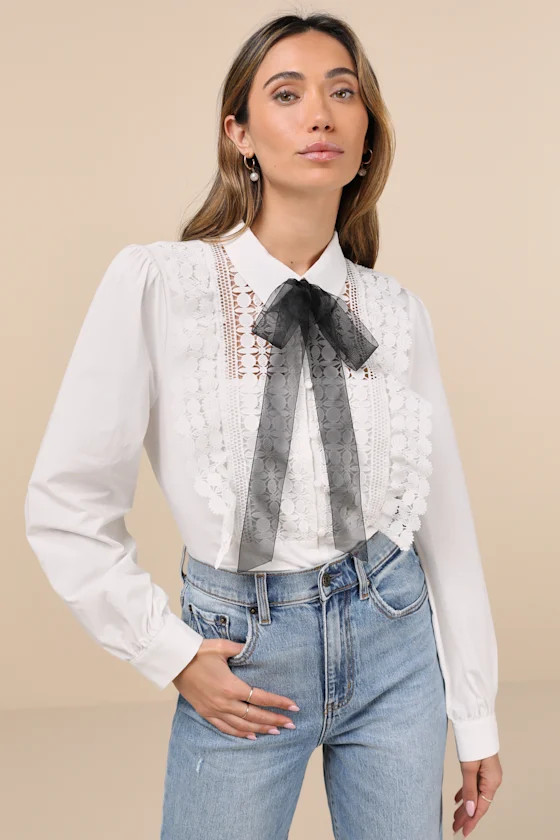 Outstanding Charisma White Crochet Lace Tie-Neck Button-Up Top | Lulus