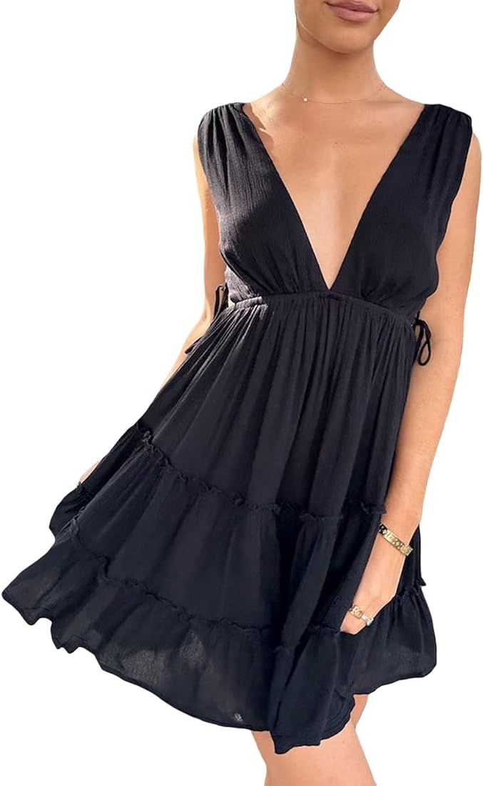 Women V Neck Mini Dress A Line Solid Color High Waist Ruffled Lace up Flowy Sundress Party Club C... | Amazon (US)