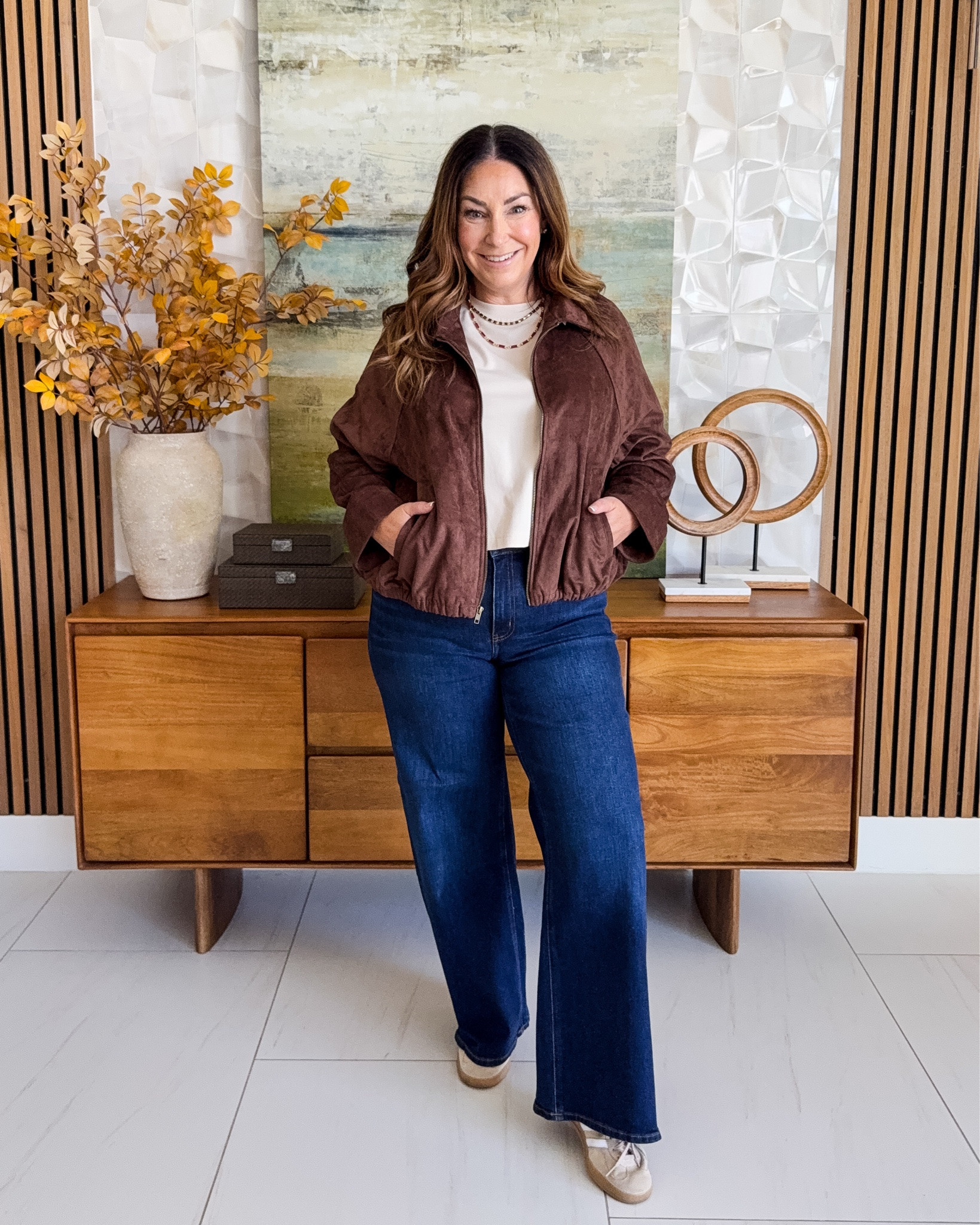Faux Suede Fall Jacket from Old Navy 📏Wearing faux suede jacket tts, L | tee, L | Quince jeans, 31

#LTKSeasonal #LTKOver40 #LTKMidsize