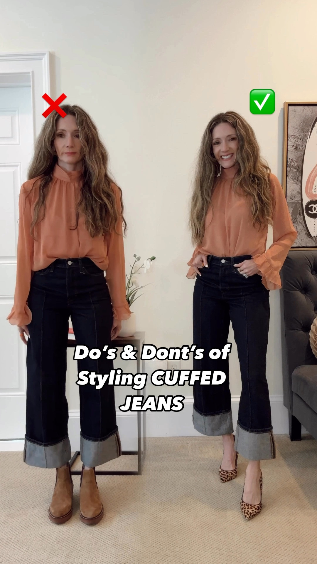 Cuffed jeans are going strong into fall! They’re relatively easy to style, as usual think of your jeans and shoes as layers. 
Most shoes work, Mary Jane Ballet flats, pumps, boots, sneakers but you don’t want the top of the shoe to be competing with the hemline of the jeans. Boots should sit under or far enough below so that seeing your ankle is deliberate! 

With tops, anything goes but your 3rd layer shouldn’t get caught on the cuffs! So go either shorter of longer!

Linking this classic dark denim pair of cuffed jeans, along with a pair that’s more form fitting and a little longer! 
My sheer top is boho chic inspired and the beautiful faux leather jackets in camel and chocolate brown are linked too!
This makes a great work or teacher outfit with your favorite shoes! 

#LTKWorkwear #LTKVideo #LTKStyleTip