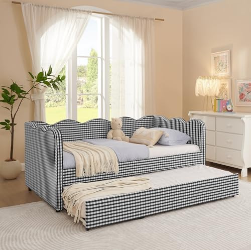 DEINPPA Twin Size Upholstered Daybed with Trundle, Gingham Daybed with USB Ports for Bedroom Livi... | Amazon (US)
