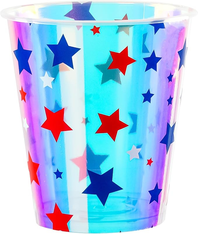25 Patriotic Plastic Cups Iridescent Americana Stars Party Cups 12oz 4th of July Red Blue White D... | Amazon (US)