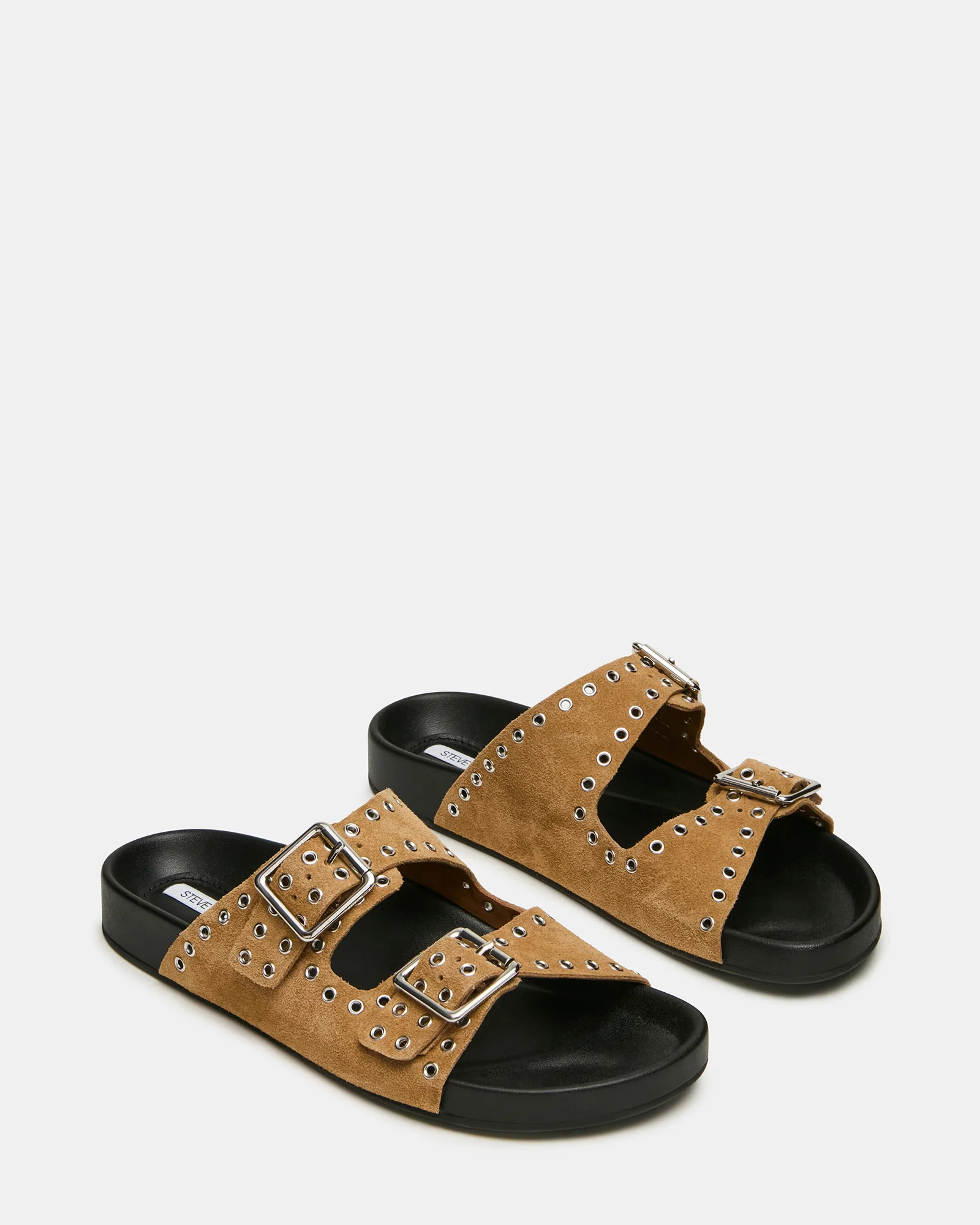 ABOTT Taupe Suede Grommet Buckles Footbed Slide Women's Sandal | Steve Madden (US)