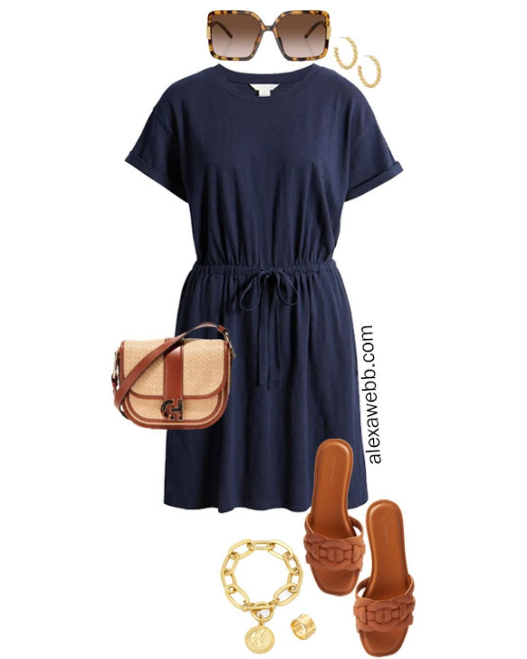 Plus Size Fourth of July Outfits 2024 - Look 3 - A plus size casual outfit for 4th of July parties and BBQs with an easy navy knit t-shirt dress, slide sandals, and rattan crossbody bag. Alexa Webb

#LTKPlusSize #LTKStyleTip #LTKSeasonal