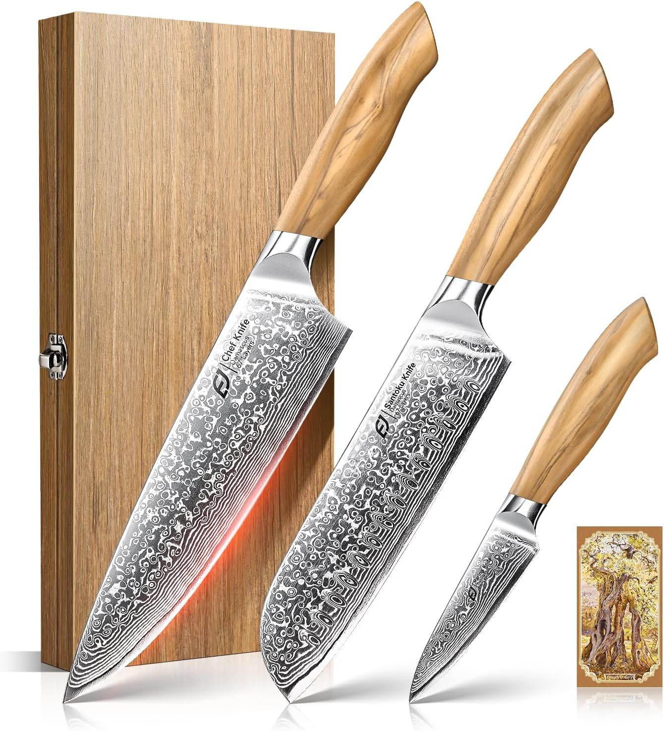 Emojoy 3-Piece Japanese Damascus Steel Knife Set, Olive Wood Handle & Box | Amazon (US)