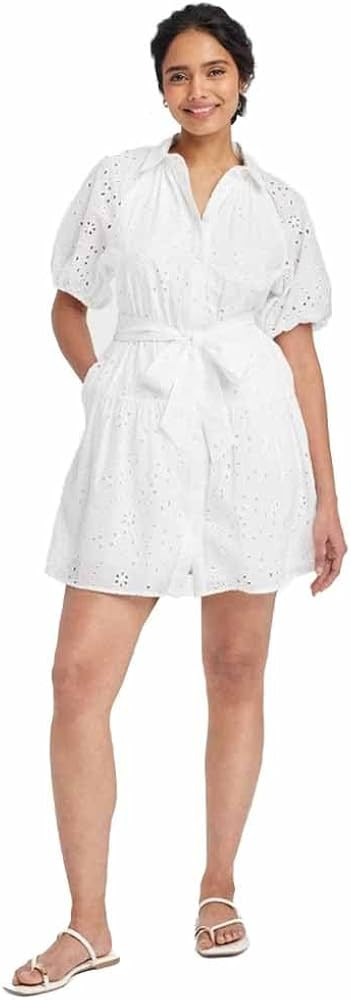 A New Day Women's Eyelet Balloon Elbow Sleeve Mini Shirtdress - | Amazon (US)