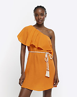Orange off shoulder belted shift mini dress | River Island (UK & IE)