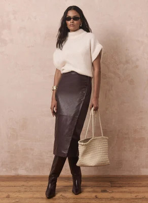 Burgundy Leather Wrap Midi Skirt | Mint Velvet