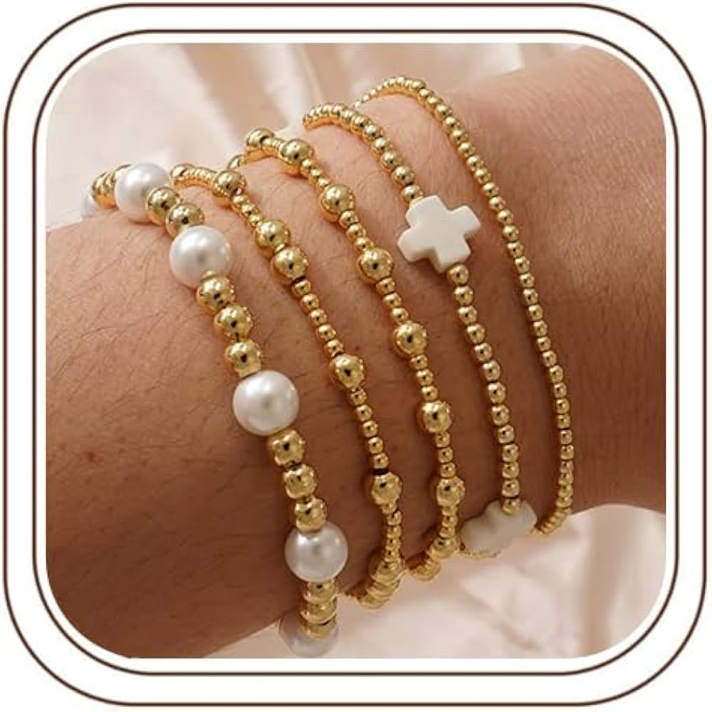 Dainty Cross Clover Gold Beaded Pearl Bracelet Stack for Women,Handmade Boho Gold Plated Beads St... | Amazon (US)
