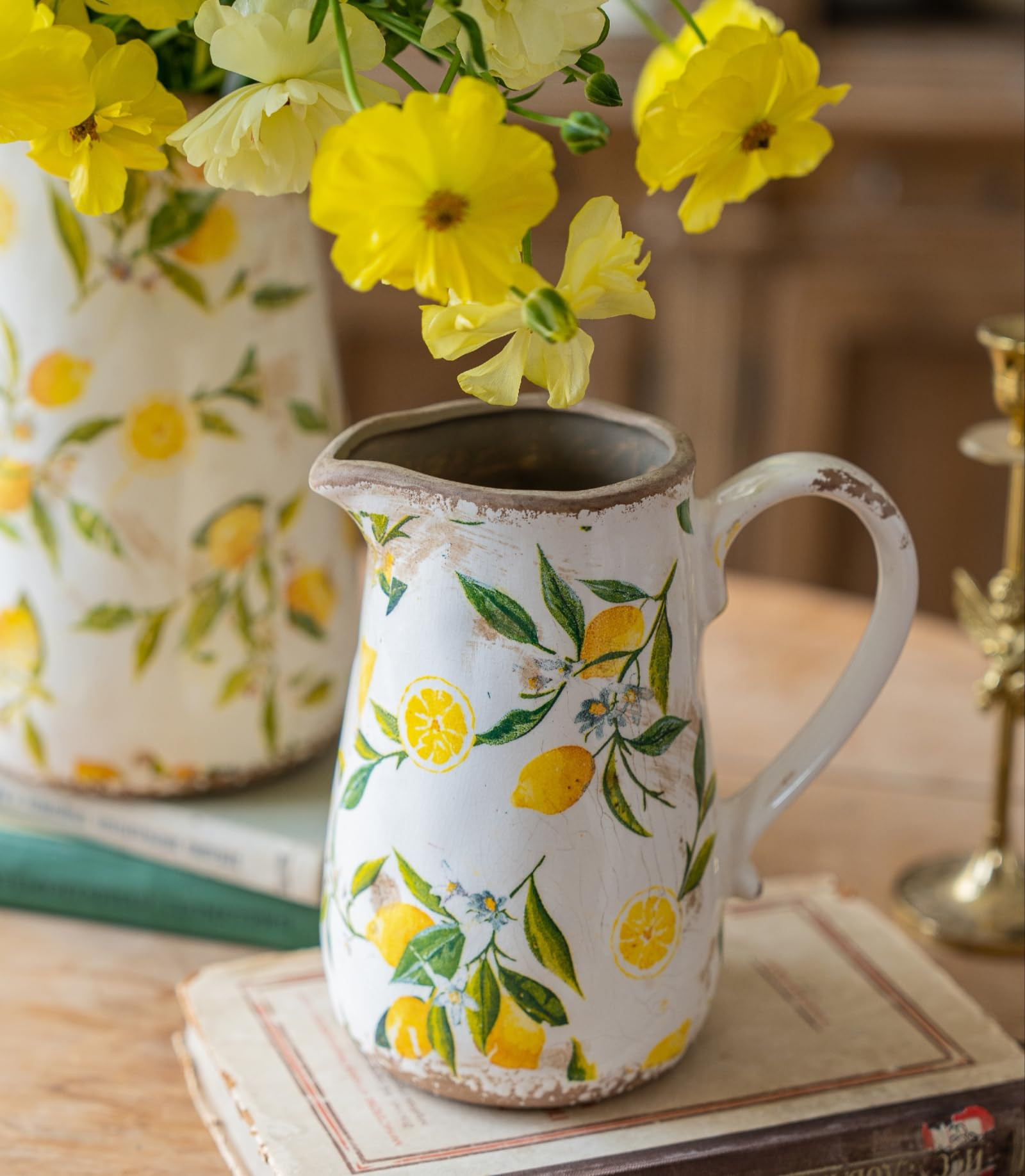 Vintage Lemon Ceramic Vase with Handle, Retro Ice Glazed Crack Farmhouse Pitcher Vase for Home De... | Amazon (US)