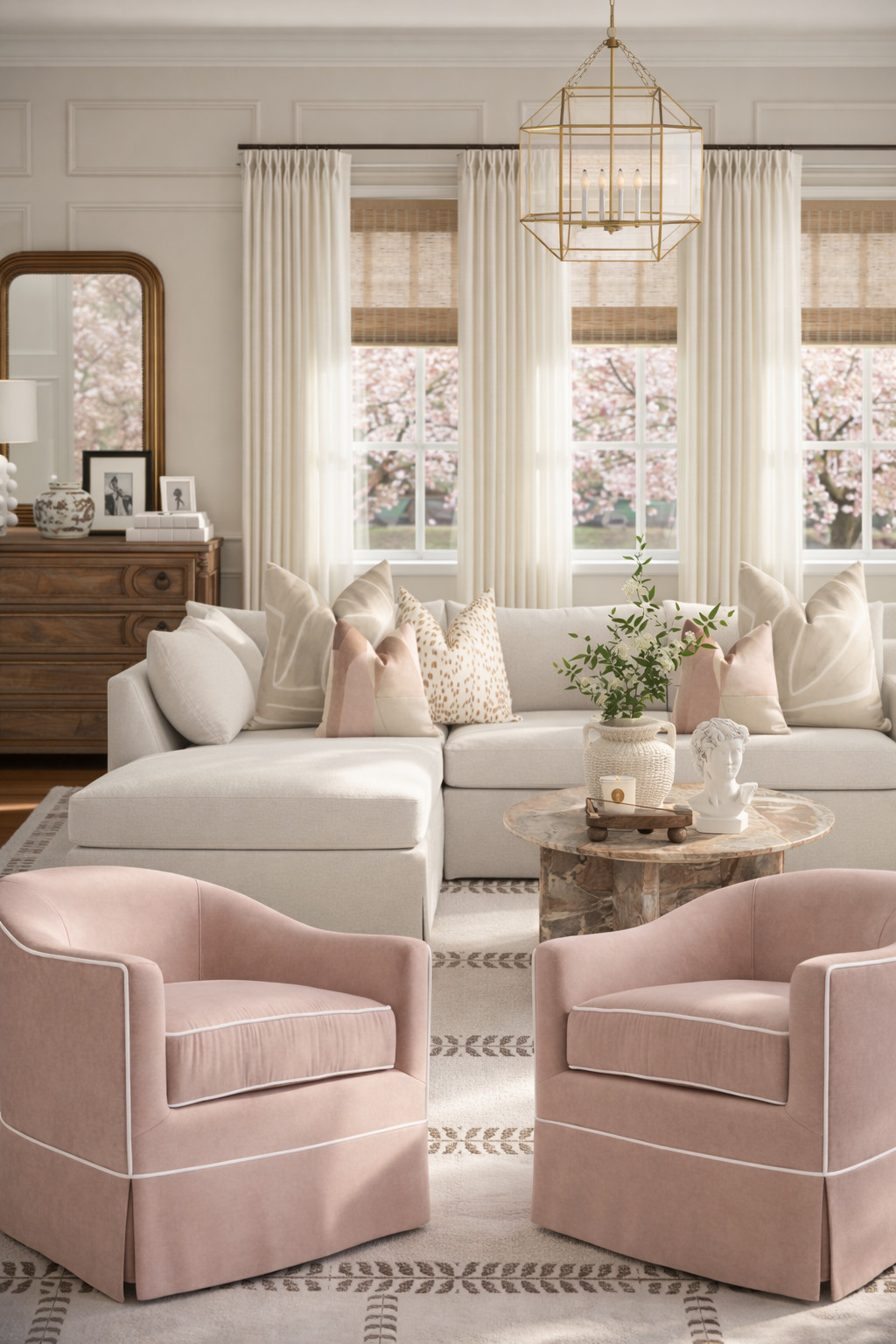 This is what your living room looks like in spring when everything just clicks. Soft light pouring in, cherry blossoms blooming just outside, and a palette that actually reflects the season — warm, airy, and effortless.
The magic here is in the balance. A tailored ivory sofa to keep things grounded. Natural textures that add depth without heaviness. And those blush chairs? They echo the cherry blossoms outside in the most subtle, elevated way — pulling the whole room together without feeling themed.
If your space still feels heavy from winter, this is your sign. You don’t need a full refresh — you need lighter layers, softer tones, and a few pieces that make everything feel intentional again. 

 #LTKHome