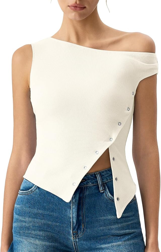 QINSEN Womens Off Shoulder Asymmetrical Tops Diagonal Button-up Closure Split Hem Cropped T Shirt... | Amazon (US)