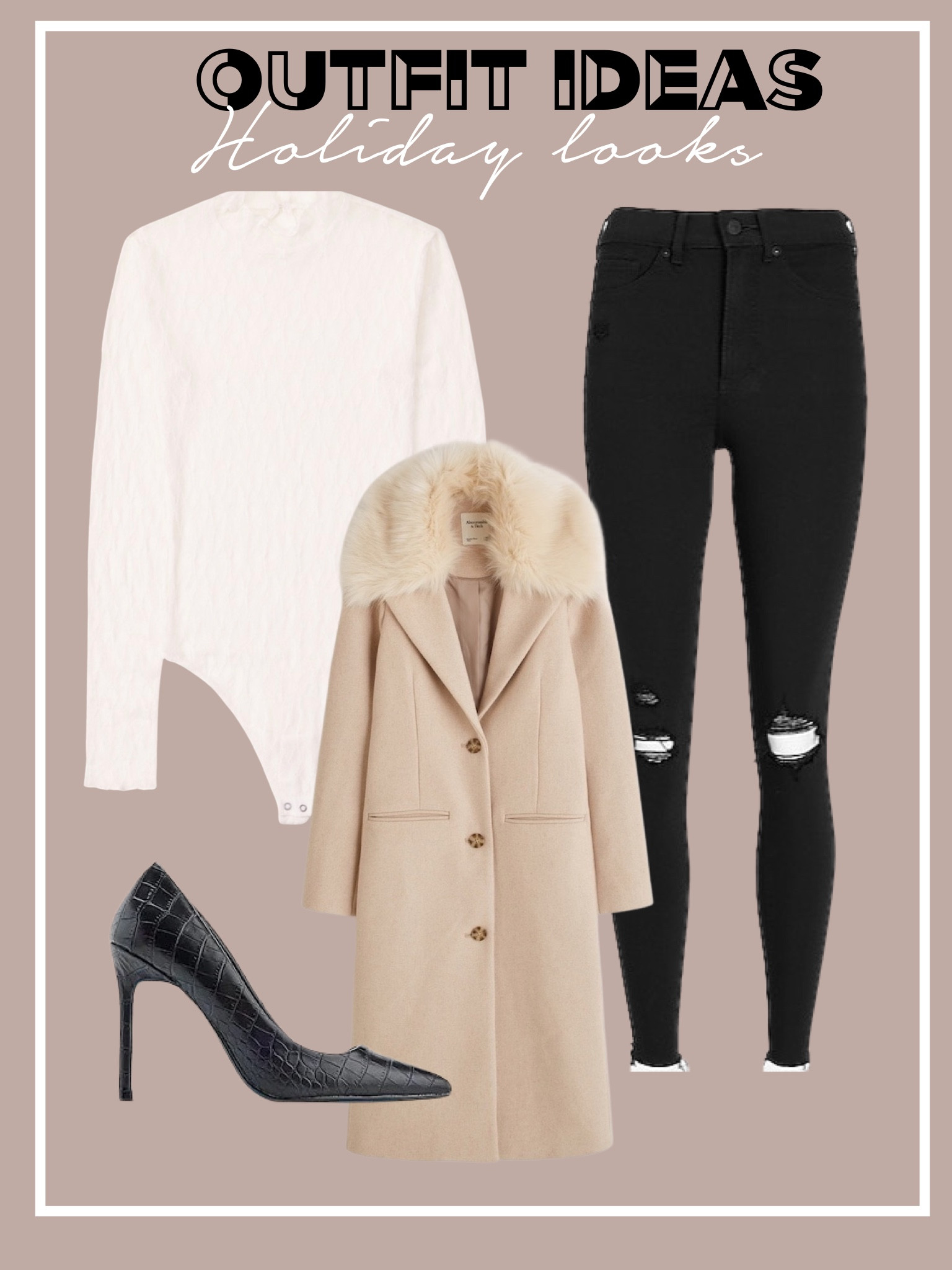 Faux fur jacket lace bodysuit ripped jeans black black pumps 

#LTKsalealert #LTKHoliday #LTKunder100