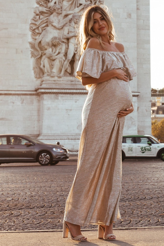 PinkBlush Gold Shimmer Off Shoulder Maternity Maxi ...