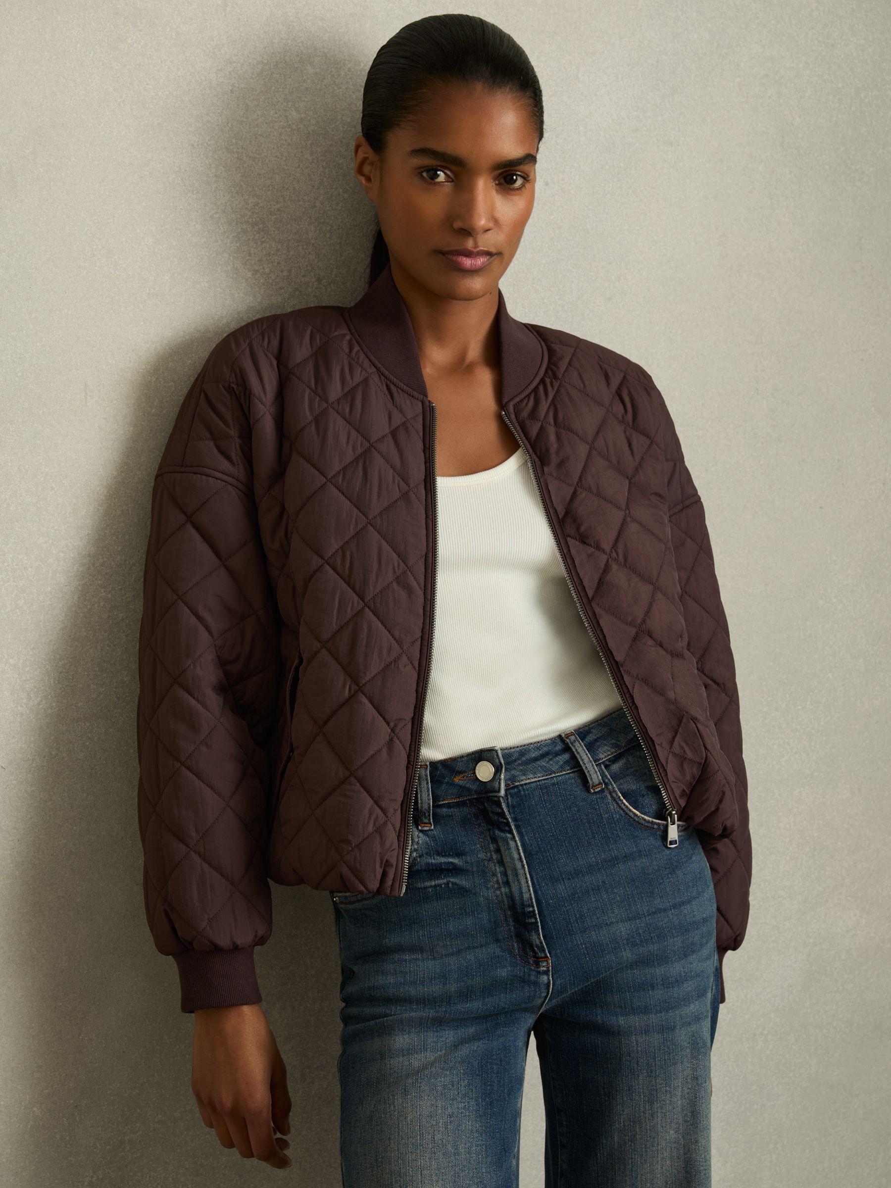 Quilted Printed Bomber Jacket in Burgundy | Reiss UK