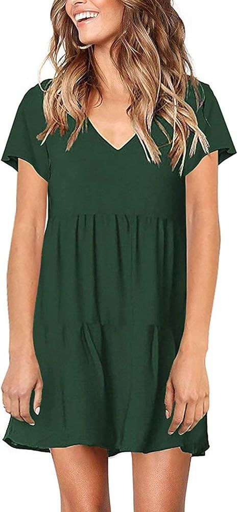 MISSLOOK Women's Short Sleeve Tunic Dress V Neck Ruffle Loose Mini Dress Swing Shift Dresses | Amazon (US)