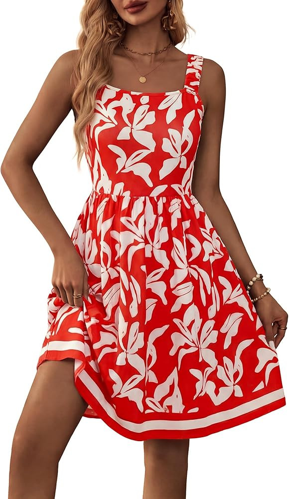 HUHOT Women's Summer Casual Square Neck Dress with Pocket Cute Sleeveless High Waist A-line Sundr... | Amazon (US)