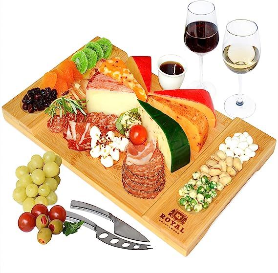 Unique Bamboo Cheese Board, Charcuterie Platter & Serving Tray for Wine, Crackers, Brie and Meat.... | Amazon (US)