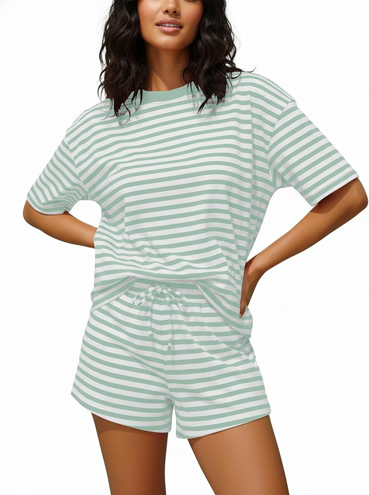 Women Striped 2 Pieces Lounge Set Stripes Short Sleeve Tshirts Drawstring Shorts Two Pieces Summe... | Amazon (US)