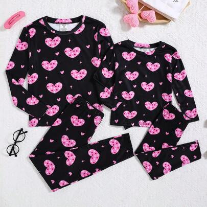 Tween Girl Valentine's Day Heart Print Round Neck Drop Shoulder Long Sleeve Pants Cute Minimalist Casual Homewear Pajama Set, 2 Pieces (Sibling Outfit | SHEIN