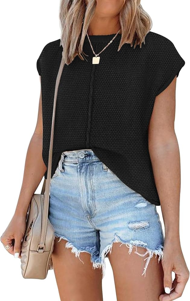 Waffle Knit Sweater Shirts for Women Cap Sleeve Summer Tops Basic Tank Tops | Amazon (US)