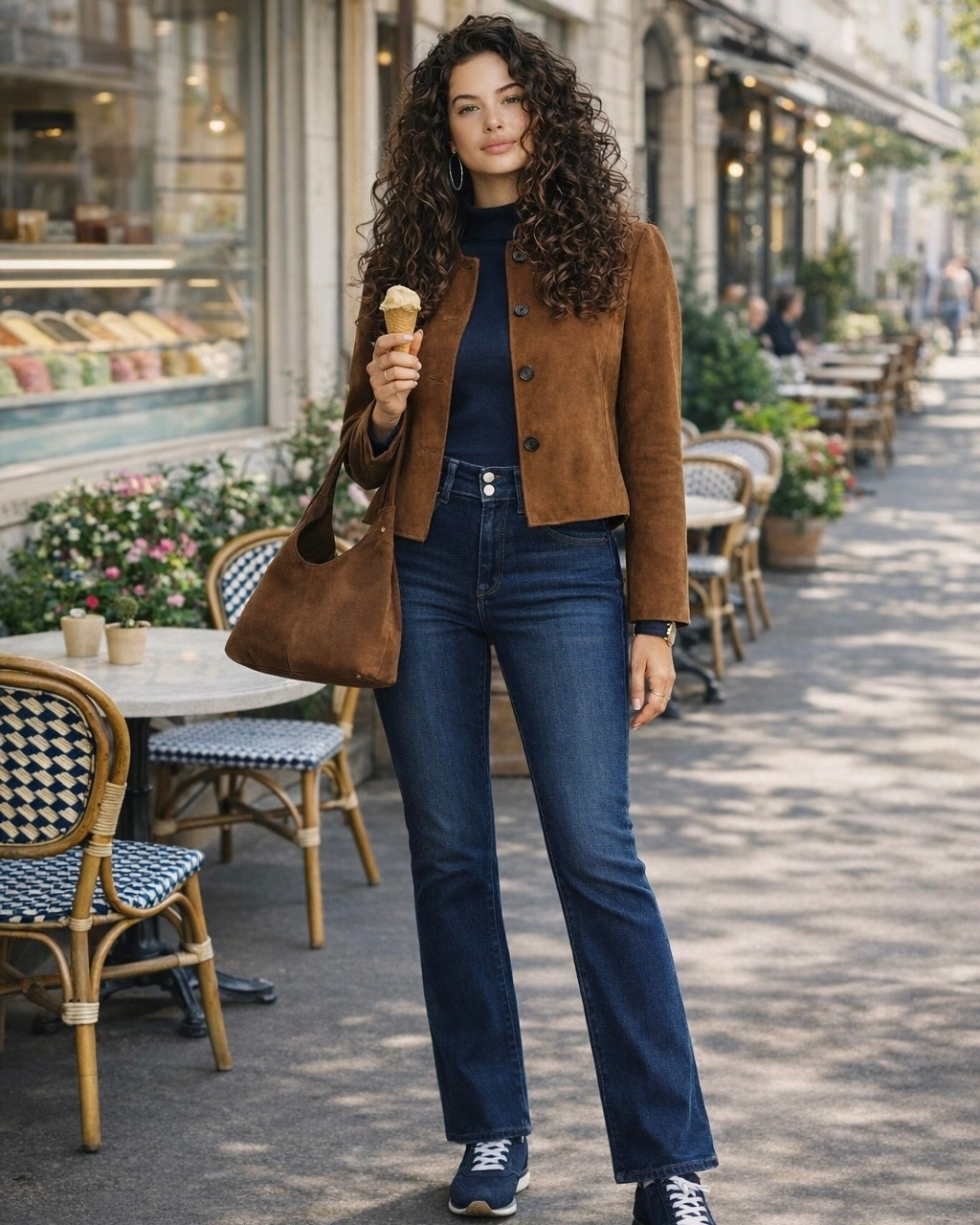 Casual double denim outfit with a dark blue denim top and high-waisted wide-leg jeans, styled with a brown leather jacket, navy sneakers, navy statement earrings, a navy watch, and a warm brown shoulder bag. Easy casual chic spring look.

#doubledenim #casualspringstyle #everydayoutfits

#LTKSeasonal #LTKOver40 #LTKootd