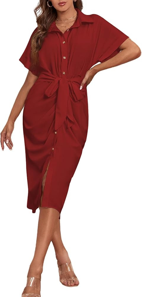 LYANER Women's Collar Button Down Ruched Self Tie Short Sleeve Midi Dress | Amazon (US)