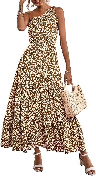 PRETTYGARDEN Women's One Shoulder Boho Floral Maxi Dress | Amazon (US)
