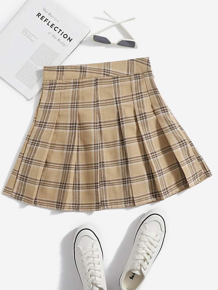 Plaid Print Fold Pleated Skirt | SHEIN