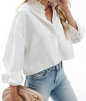 Women Cropped Button Down Shirts Long Sleeve Blouses Casual Work Crop Tops with Chest Pocket | Amazon (US)