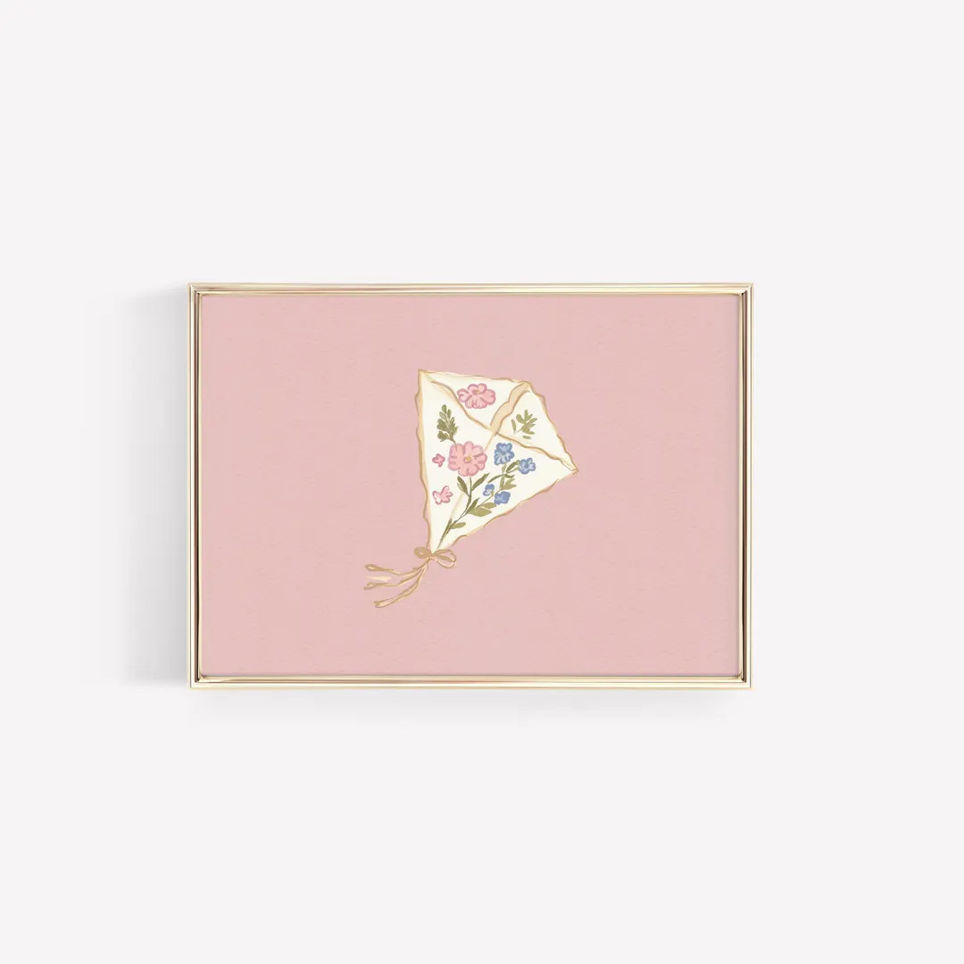 Floral Kite Wall Art Print, Coquette Nursery Decor, Pink Cottagecore Printable, Whimsical Kids Ro... | Etsy (US)
