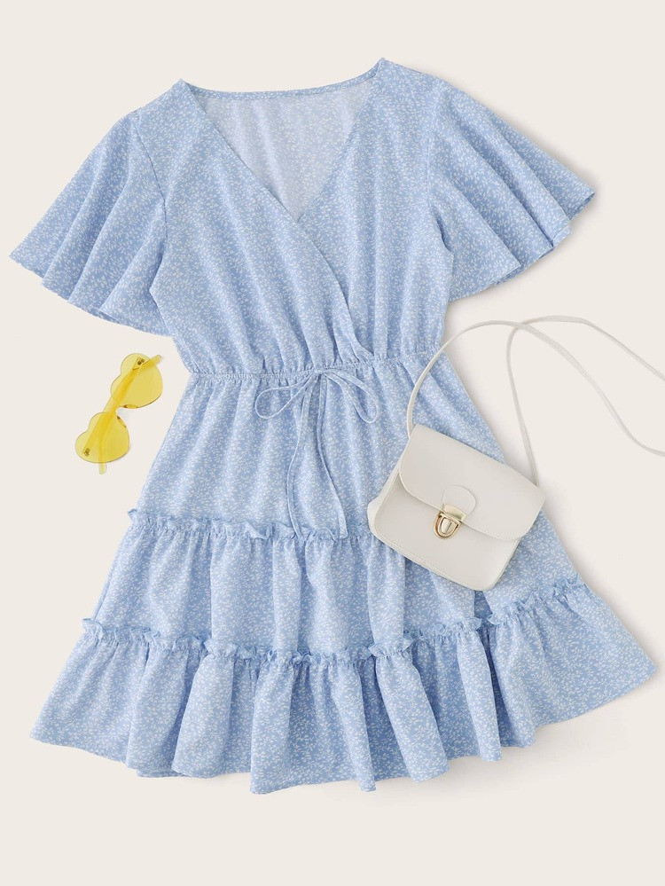 SHEIN Allover Plants Print Flutter Sleeve Frill Trim Tiered Dress | SHEIN