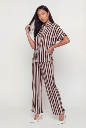 Striped Crepe Knit Button Front Short Sleeve Shirt | Rainbow Shops