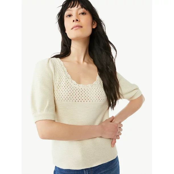 Free Assembly Women's Puff Sleeve Crochet Sweater | Walmart (US)