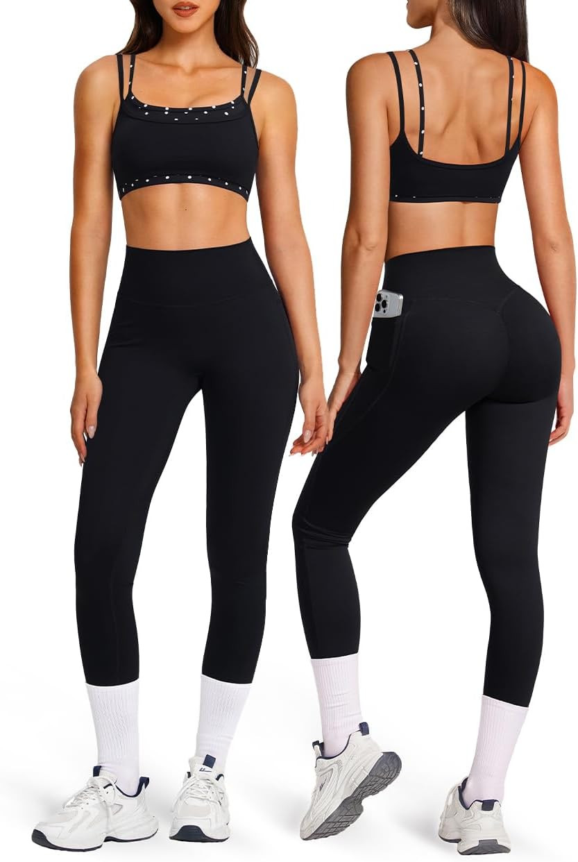 OMKAGI Layered Womens Workout Sets Strappy Sports Bra Leggings Gym Outfits | Amazon (US)