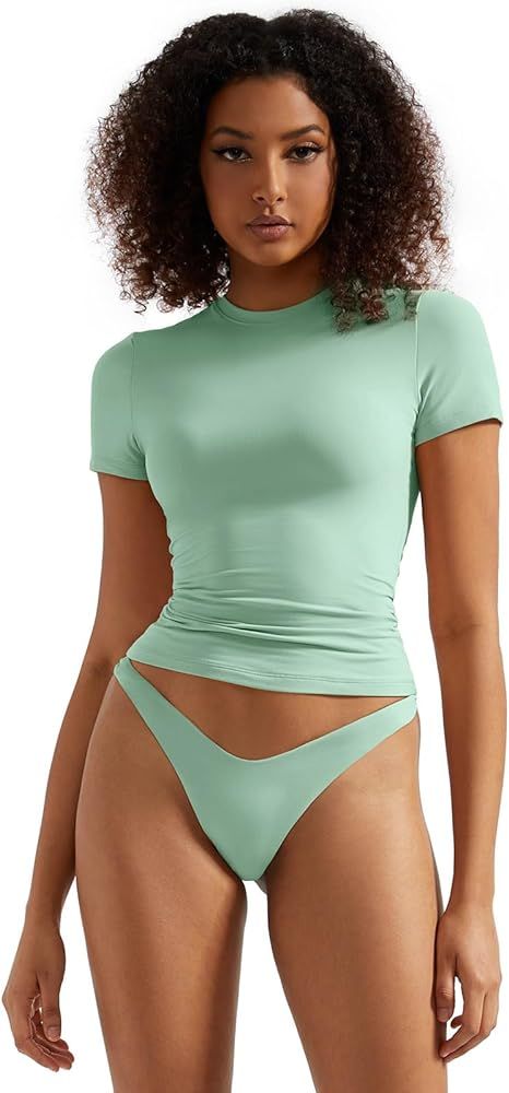 SUUKSESS Women Double Lined Fitted Basic Tee Crew Neck Short Sleeve Y2K Crop Top | Amazon (US)