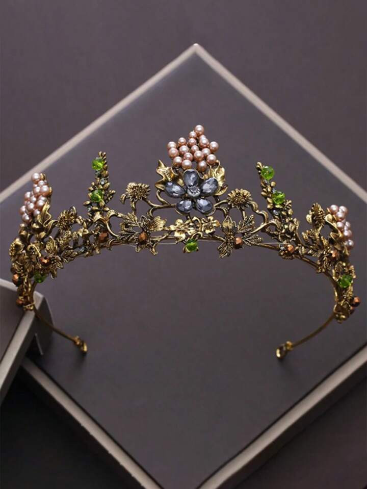 Baroque Vintage Gold Color Crystal Flowers Beads Tiaras Rhinestone Queen Crowns Wedding Hair Acce... | SHEIN