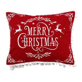 Levtex Home Folk Deer Red Embroidered ""Merry Christmas"" 14 in. x 18 in. Throw Pillow, Red;White | The Home Depot