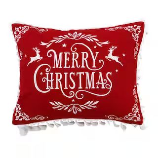 Levtex Home Folk Deer Red Embroidered ""Merry Christmas"" 14 in. x 18 in. Throw Pillow, Red;White | The Home Depot