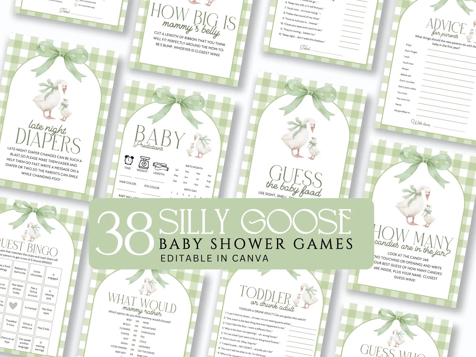 Silly Goose Baby Shower Games, Sage Green Gingham Games, Would Mommy Rather, 38 Printable Editabl... | Etsy (Global)