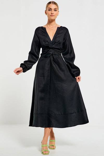 Twist Waistband Maxi Dress in Black Linen | Bohemian Traders
