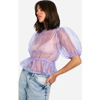 boohoo Women's Organza Tie Back Puff Sleeve Top in Powder Blue | Size: 6 | Polyurethane/Organza | boohoo (US & Canada)