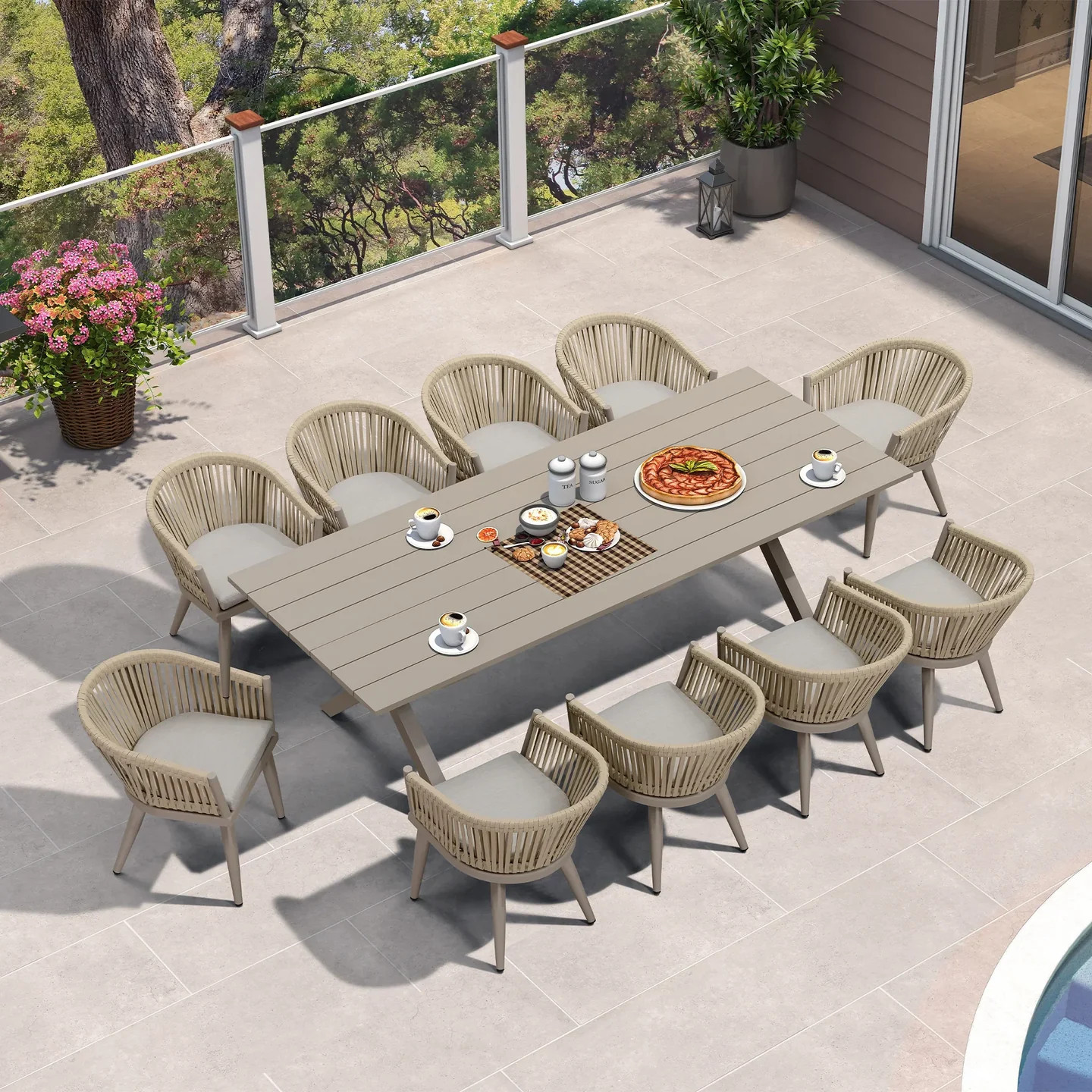 PURPLE LEAF 7/9/11 Pieces Outdoor Dining Set with Aluminium Table and Rattan Chairs, Champagne | Purple Leaf