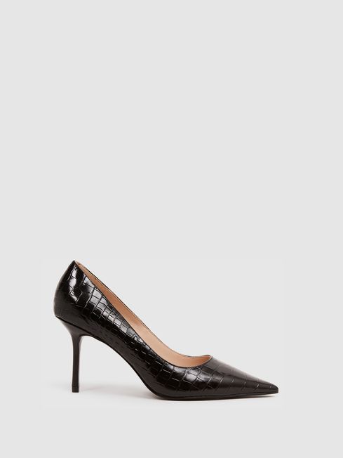 Reiss Black Elina Mid Heel Leather Court Shoes | Reiss US