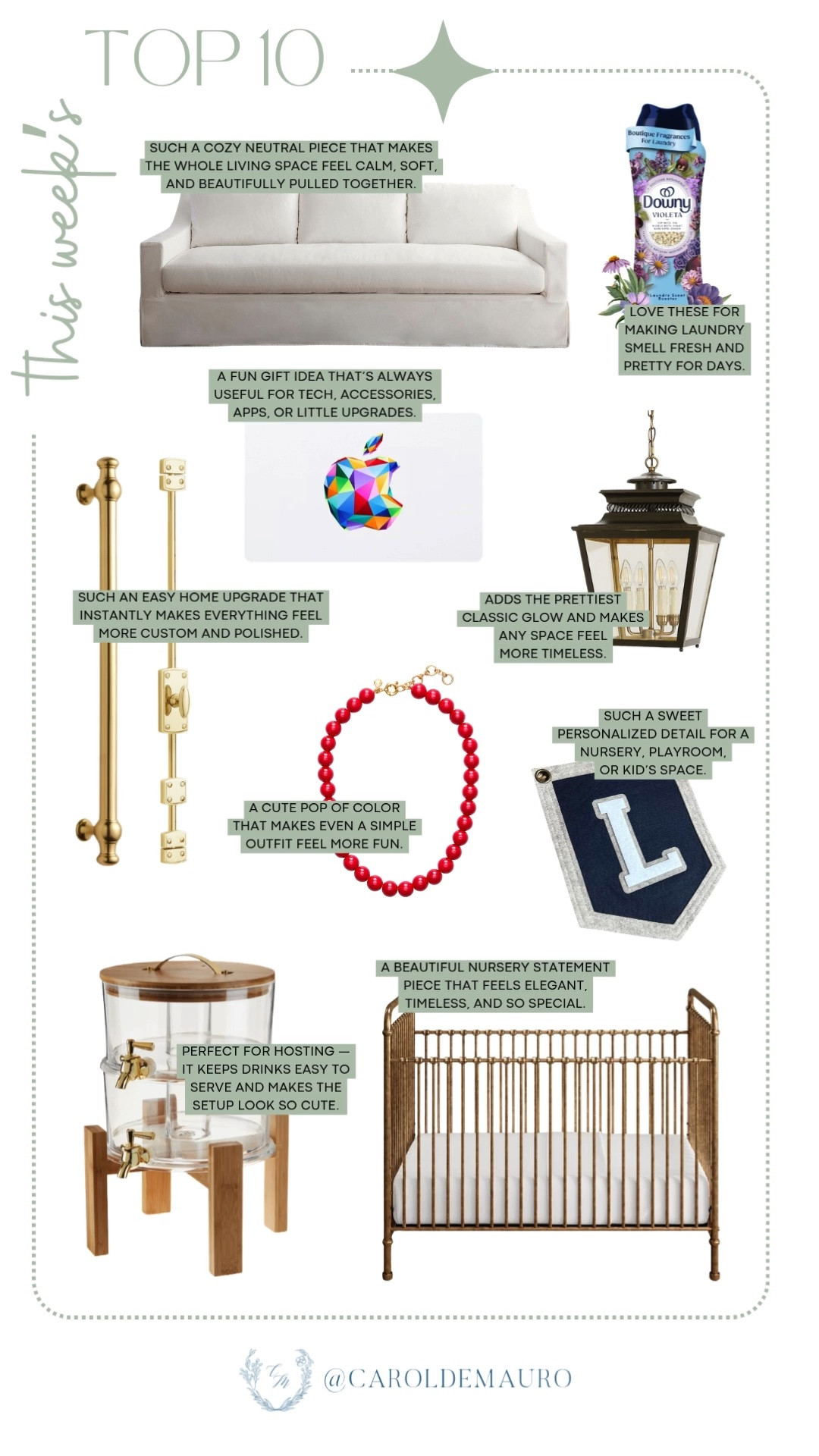 weekly bestsellers, top 10, follower favorites, home finds, furniture finds, laundry essential, pendant lamp, lighting fixture, brass hardware, nursery essentials, hosting must haves, fashion accessories, white sofa, apple gift card, custom banner, beverage dispenser, vintage crib, red necklace

#LTKHome #LTKootd
