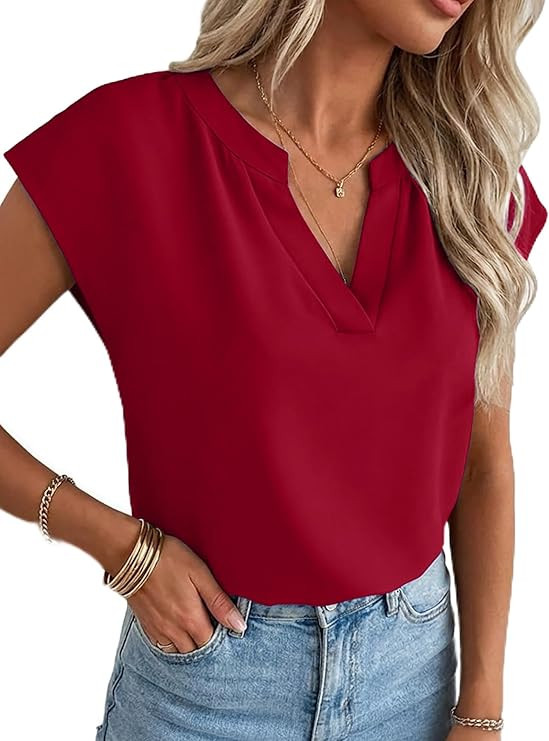 Funlingo Women's Cap Sleeve V Neck Tops Dressy Casual V Neck Shirts Summer Loose Work Blouses for... | Amazon (US)
