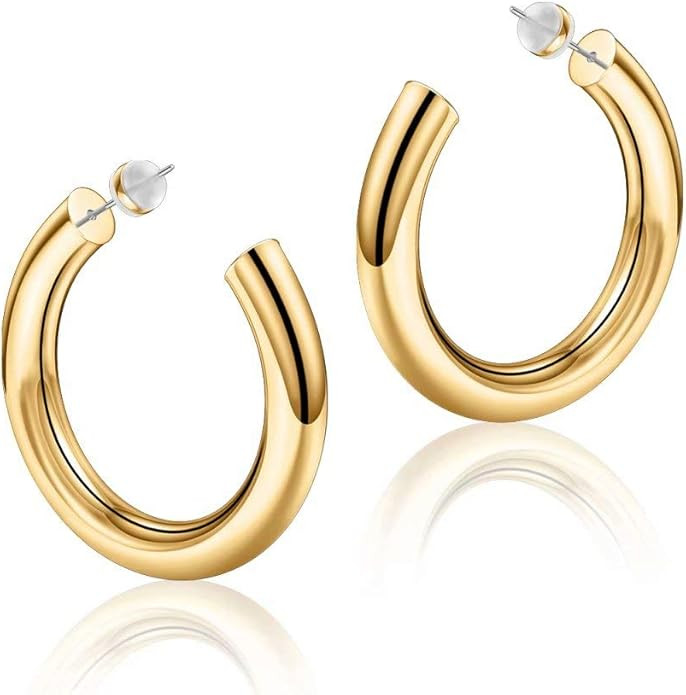 Hoop Earrings for Women - 14K Gold Plated Lightweight Chunky Open Hoops 316L Surgical Stainless S... | Amazon (US)