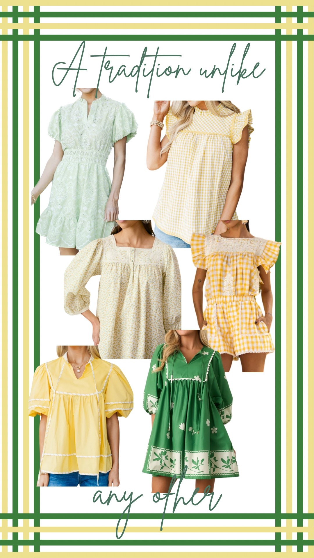 Dresses and tops for the Masters or viewing parties! 


Green dress, yellow dress, sundress, golf dress, golf tournament, azalea, tradition, a tradition unlike any other, short dress, short sleeve dress, sleeveless dress, flounce dress, casual dress, tournament wear

#LTKStyleTip #LTKFindsUnder100 #LTKFindsUnder50